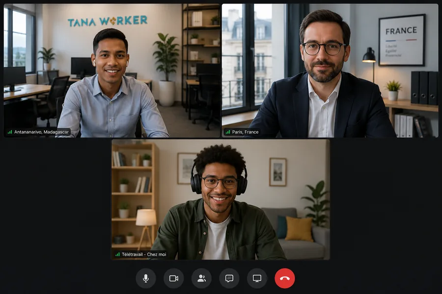 Réunion en visioconférence entre le collaborateur en télétravail, le bureau Tanaworker et le client